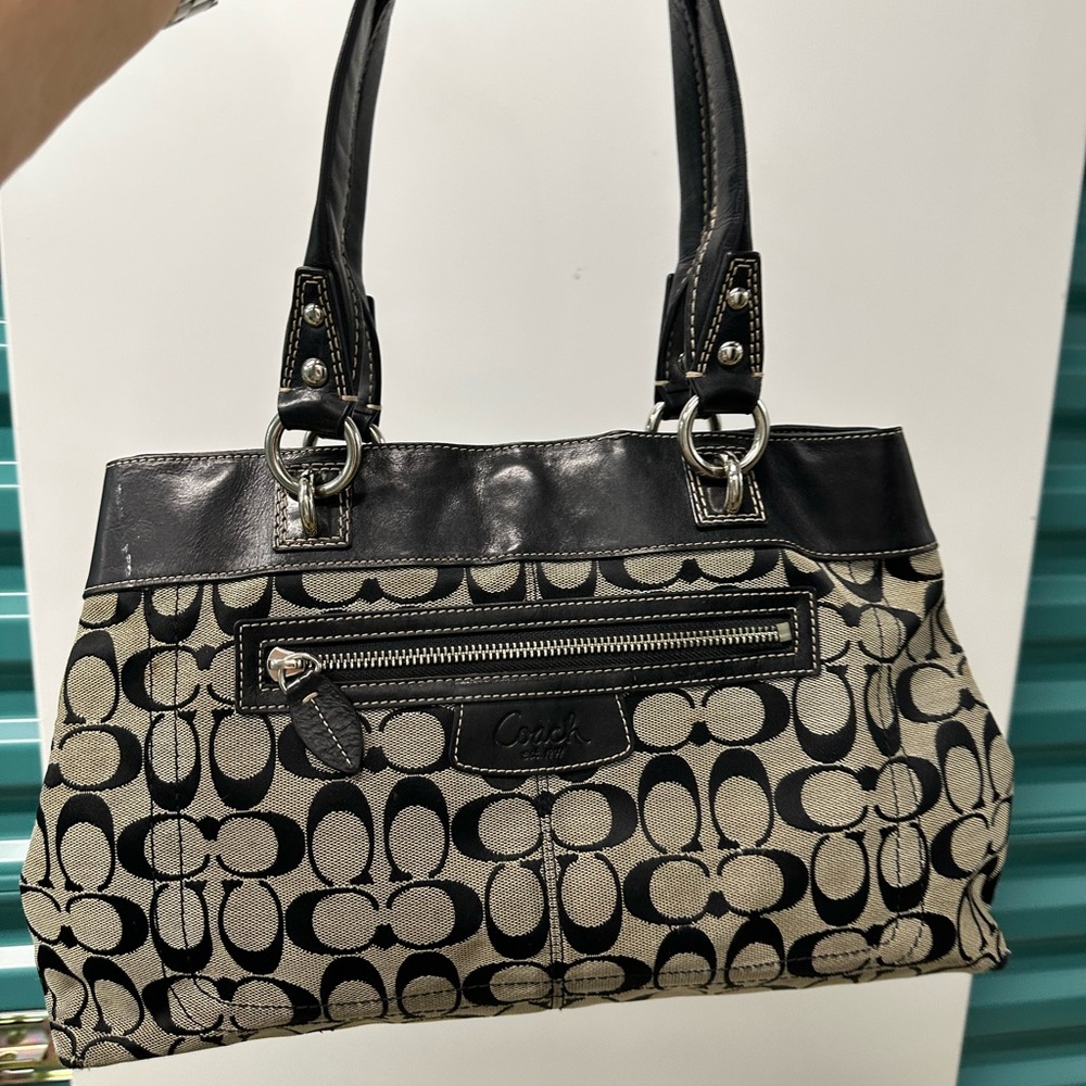 Coach Black and Tan Signature Shoulder Bag